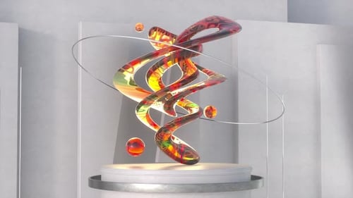 3D animation loop of colorful abstract sculpture installed on round pedestal