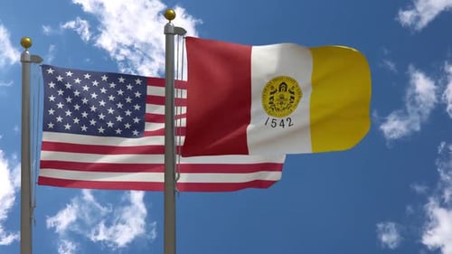 United States and San Diego Flags Waving Together under Blue Sky