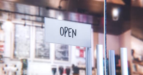 Modern Swinging Open Sign Reveal on Glass Door