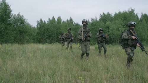 Soldiers in Camouflage with Assault Rifle Walking Through the Field Military Action in the Steppe
