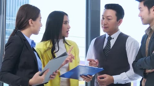 new normal office lifestyle asian businessman and businesswoman casual standing meeting