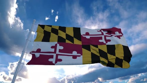 Realistic Maryland State Flag Waving Against a Blue Sky