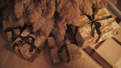 Presents Under Holiday Tree with Ribbons Close Up
