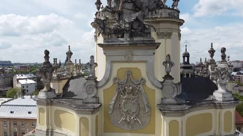 Aerial drone view of a flying over the Catholic Cathedral.