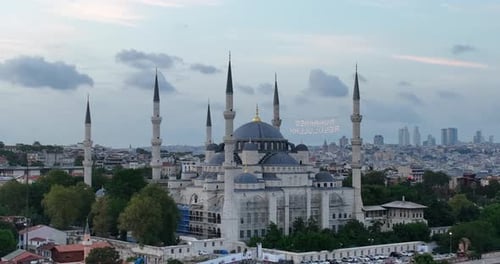 Establishing Orbiting Aerial Drone Shot of a Hagia Sophia Holy Grand Mosque with Bosphorus Bridge