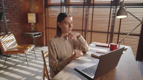 Pretty Businesswoman Web Calling on Laptop in Office