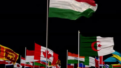 Hungary Flag Waving with Blurred International Flags Background
