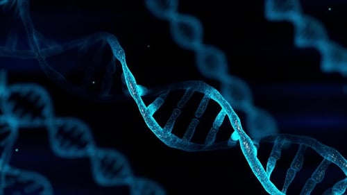 Blue chromosome DNA and gradually glowing flicker light matter chemical