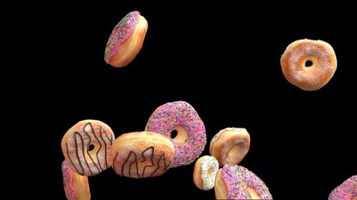 Falling 3D Donuts with Sprinkles and Glaze
