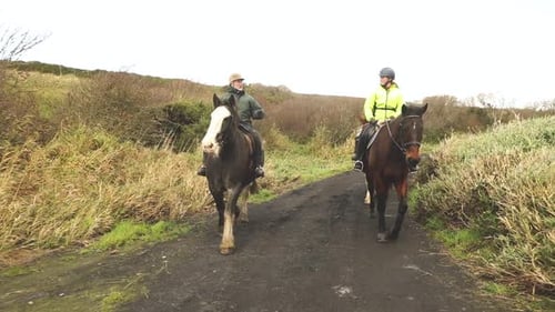People riding horses in the countryside