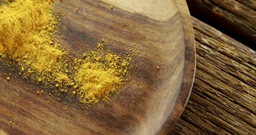 Turmeric powder in spoon on a plate 4k