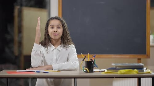 Girl Raising Hand in Classroom School Setting