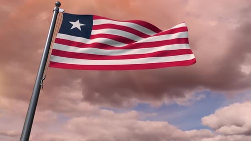 Realistic Liberia Flag Waving on Mast with Cloudy Sky