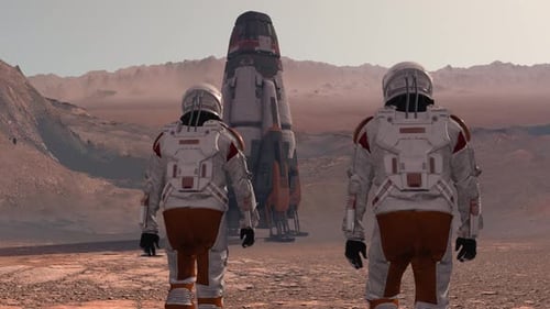Astronauts Walking Towards a Spaceship on a Martian Landscape