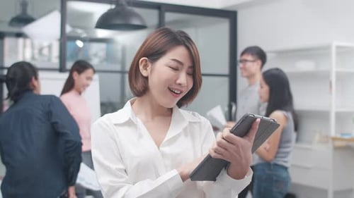 Business Women smart casual wear looking at camera and smile with table in modern office workplace