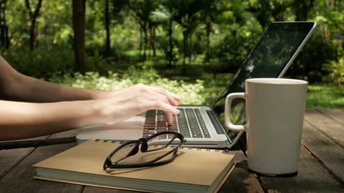 Using Laptop On Wood Desk At Park