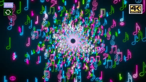 Colorful Neon Musical Notes Flying Through an Endless Tunnel Loop