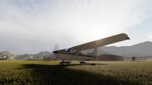Small Propeller Plane Animation with Spinning Propeller on Grassy Airfield