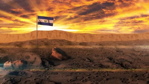 El Salvador Flag Waving on Cratered Landscape at Sunset