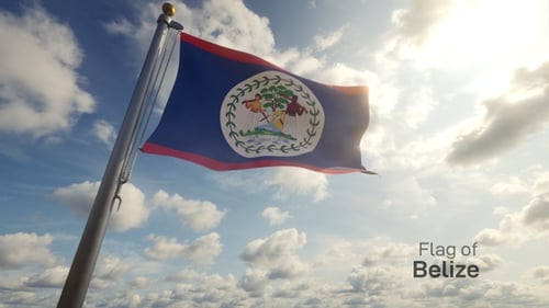 Belize National Flag Waving Against Cloudy Sky