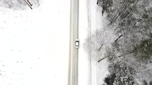 Car on a Winter Road in the Forest Top View