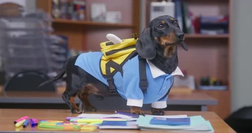 Dachshund Ready for School in Adorable Outfit