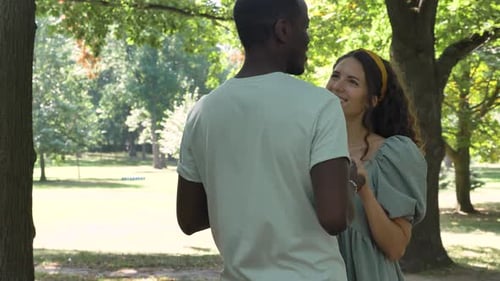 A Couple in Love Holding Hands and Chatting in a Park in Summer on a Sunny Day