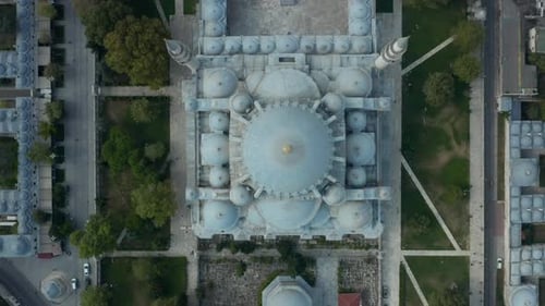 Mosque Roof and Towers Architecture Masterpiece in Beautiful Light Blue and Gold Colors, Aerial