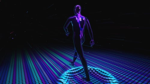 Neon Humanoid Figure Striding on Futuristic Grid Loop