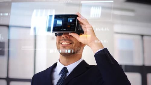 Businessman Wearing VR Headset in Futuristic Office