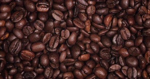 A rotating close-up shot of whole roasted fresh coffee beans.