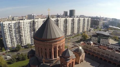 Flying Over Orthodox Church in the City
