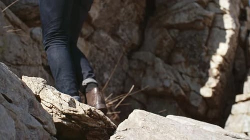 Male Hiker Climbing on Rocky Mountain Path