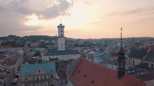 Aerial City Lviv, Ukraine. European City. Popular Areas of the City. Town Hall