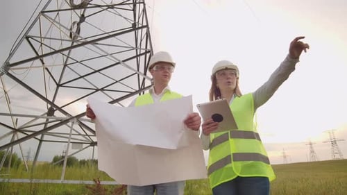 Ein Elektriker männlich und weiblich auf den Feldern in der Nähe der Stromübertragungsleitung