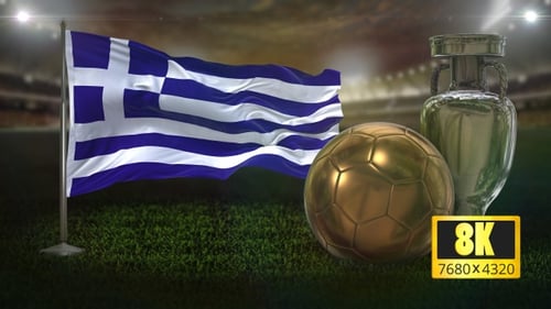 Waving Greece Flag with Golden Football and Silver Championship Trophy