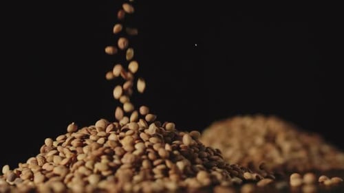Falling Lentils Forming Mound on Dark Background