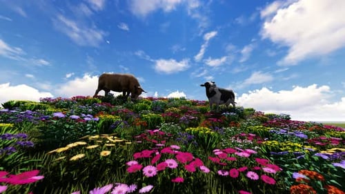 Cows Grazing on a Hill of Colorful Flowers