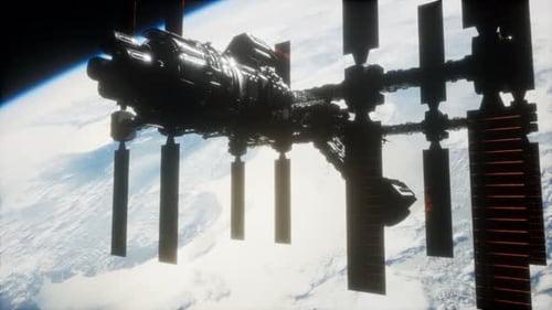 A View of the Earth and a Spaceship. ISS Is Orbiting the Earth