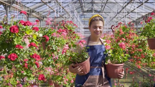 Young Adult Tending to Flowering Plants in Greenhouse