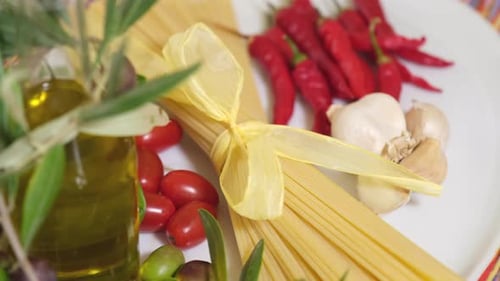 Ingredients for Pasta on a White Plate