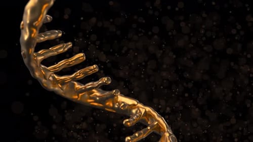 mRNA Golden Strand Rotates on Dark Backdrop with Flying Debrises