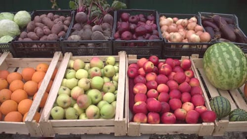 Verduras y frutas en el mostrador del mercado.