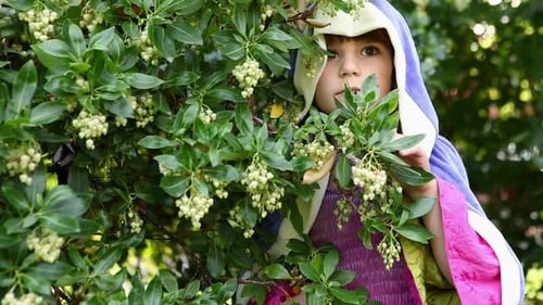 Garota vestida de capa escondida nos arbustos