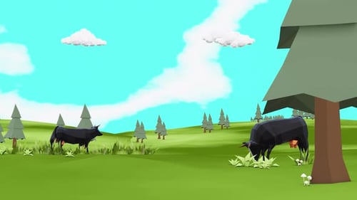 Animated Low Poly Cows Grazing in a Green Field