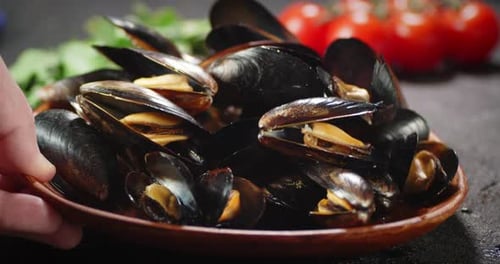 Cooked Mussels on a Plate with Tomatoes
