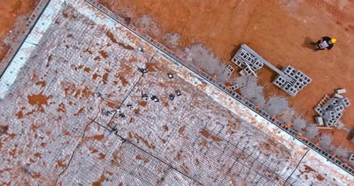 Construction Site Reinforcement Steel Bar Making at a Construction Site for Concrete Foundations