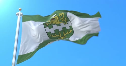 Realistic Green and White Flag with Coat of Arms Waving