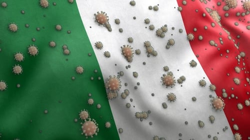 Italian Flag Waving with Coronavirus Particles Spreading