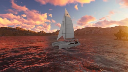 Sailing Catamaran at Golden Sunrise with Lens Flare